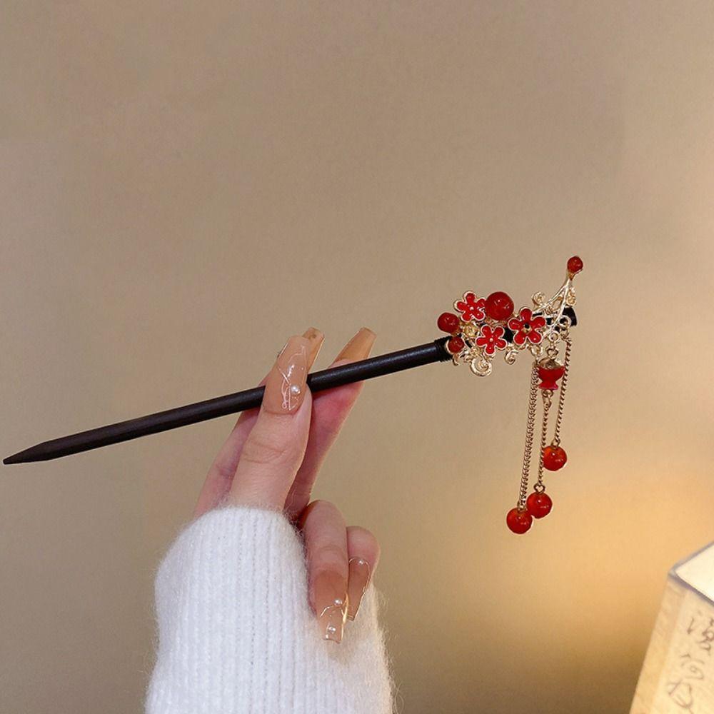 Vintage Red Rose Fringe Hairpin Fashion Chinese Hairpin Headwear Retro Red Hair Stick  Disk Hair