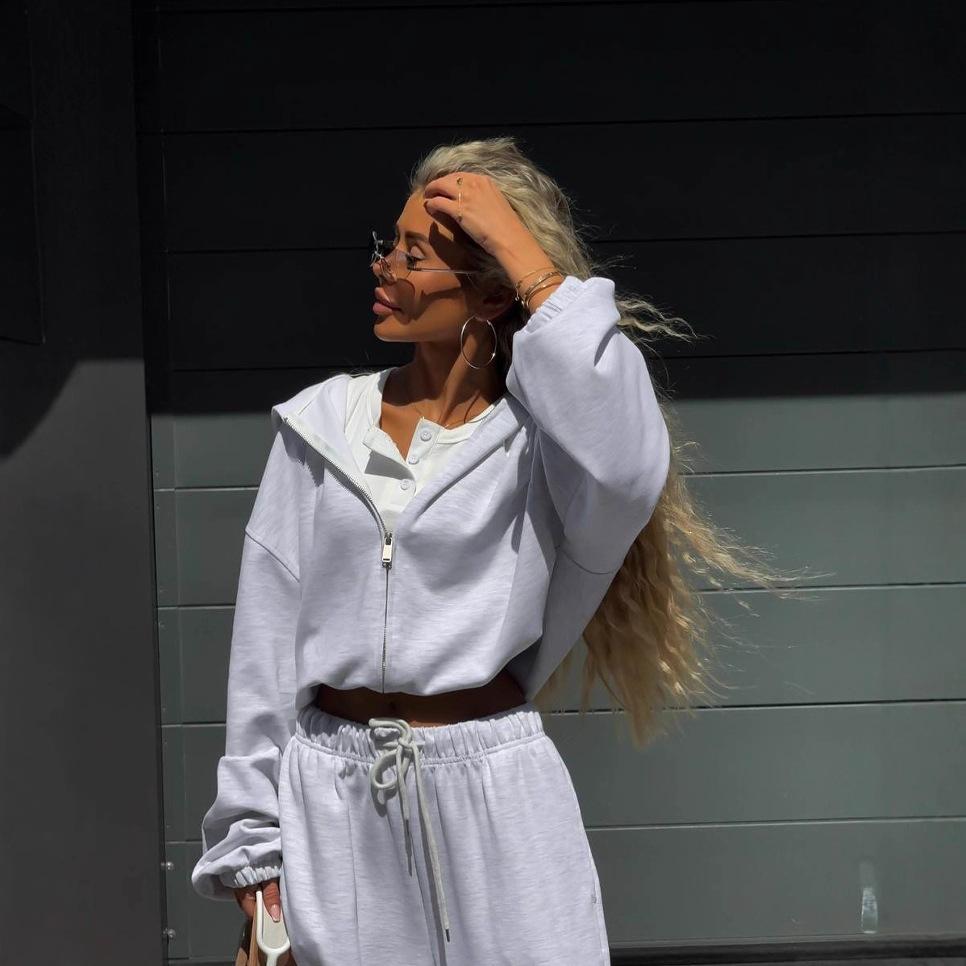 Amazon Casual Suit Women's European and American Street Style Long-sleeved Hooded Cardigan Elastic Trousers Two-piece Set