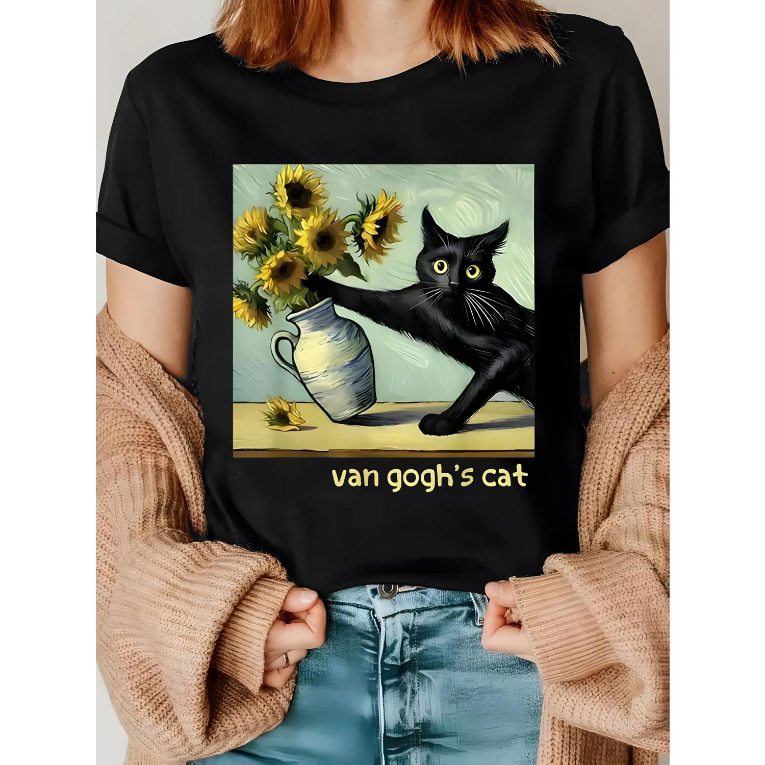 

Women s Van Gogh Starry Night Inspired Cat & Sunflowers Art Print T-Shirt - Olive Green Casual Round Neck Short Sleeve Tee S чёрный