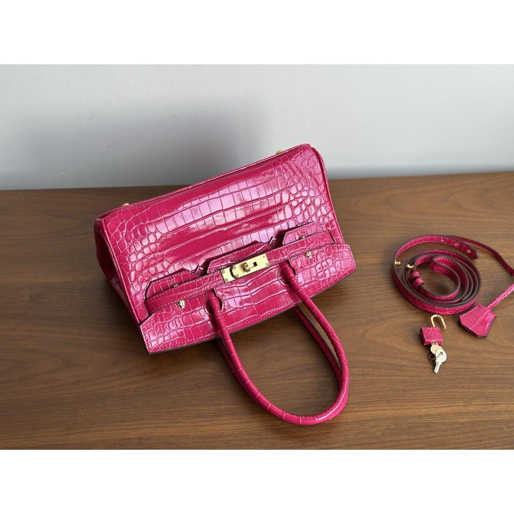 Popular Crocodile Pattern Horizontal Plate Platinum 30cm Genuine Leather Women's Bag, European and American Fashion Cowhide Large Bag, Commuter