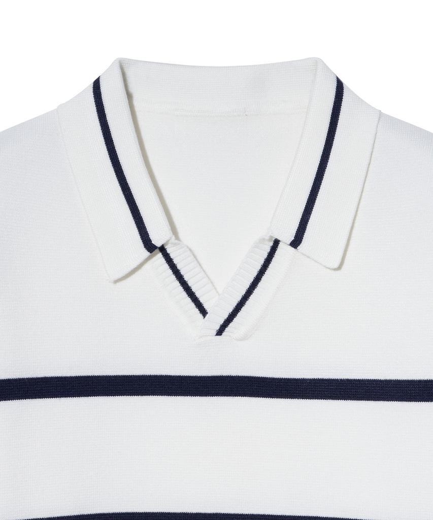 IRONYPORNO WHITELINE 86-Iroj365 Open-Neck Striped Long-Sleeve Knit White