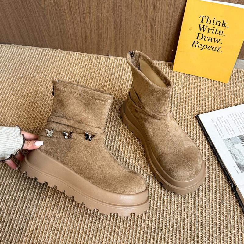 Fashion Metal Butterfly Decoration Suede Boots Women 2025 Autumn Chunky Platform Wedge Heel Boots Rear Zip Thick Bottom Booties
