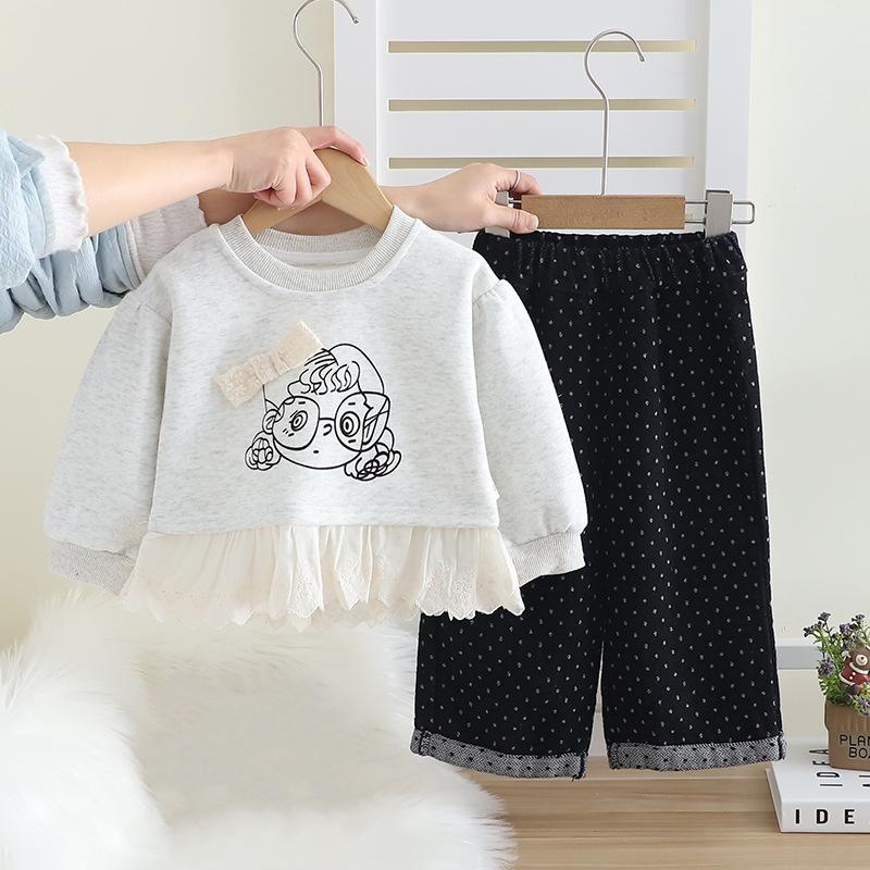 2 st/set Babyflickor Klädset Koreansk Stil Tecknat Tryck Spets Pullover Tröja + Byxor Småbarn Barn Träningsdräkter Barn Kostym