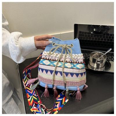 New Korean Version Ins Bucket Bag, Foreign Gas Fringed Single Shoulder Oblique Span Bag, Beach Ethnic Style Woven Straw Bag