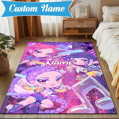 Custom Name KPop Cartoon Rug for Living Room, Game Rooms, Office, Bedroom, Floor Mat Playful Design, Fan Gifts Christmas Decor