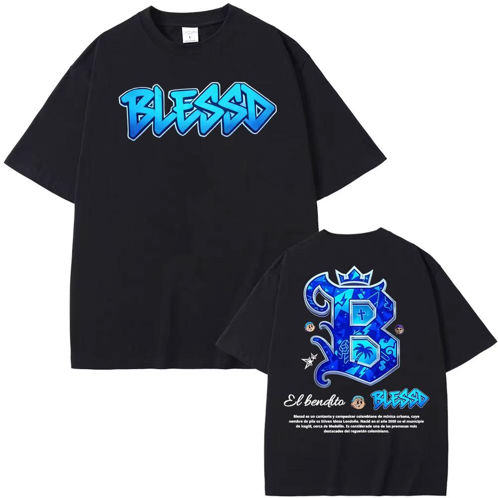 2025 Summer Rapper Blessd El Bendito Logo Graphic Tshirt Male Harajuku Retro Street Cotton Tshirt Short Sleeve Casual Shirt M