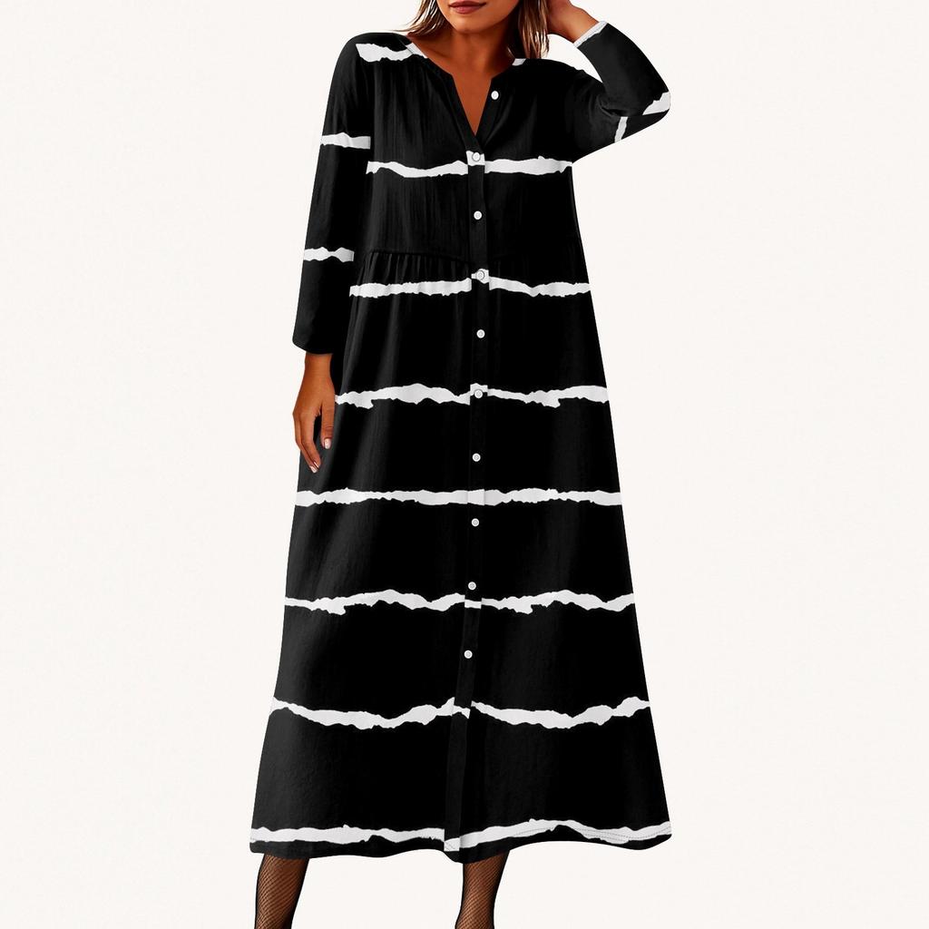 Damen Modisches Bedrucktes Rundhals Siebenviertelarm Knopf Lockeres Hemdkleid