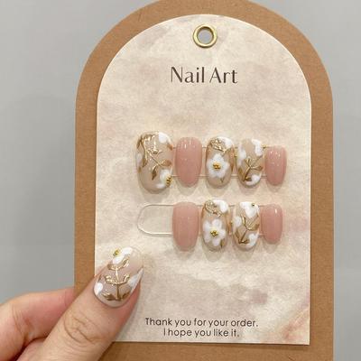 HANDMADE Artificial Nail Gentle Temperament of Golden Flowers Phototherapy Nails Fake Nails Reusable and Removable Nails