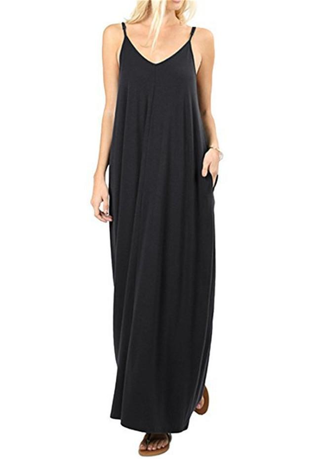 European and American women's clothing sexy vest dress solid color loose casual pocket suspender and floor dress