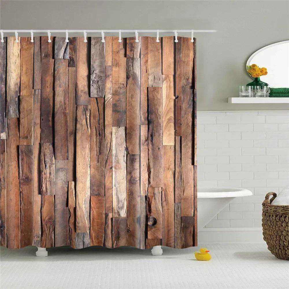3D Old Vintage Wood Doors Shower Curtain Home Decor Polyester Fabric Bath Curtains Stripes Letters Bathroom Curtains