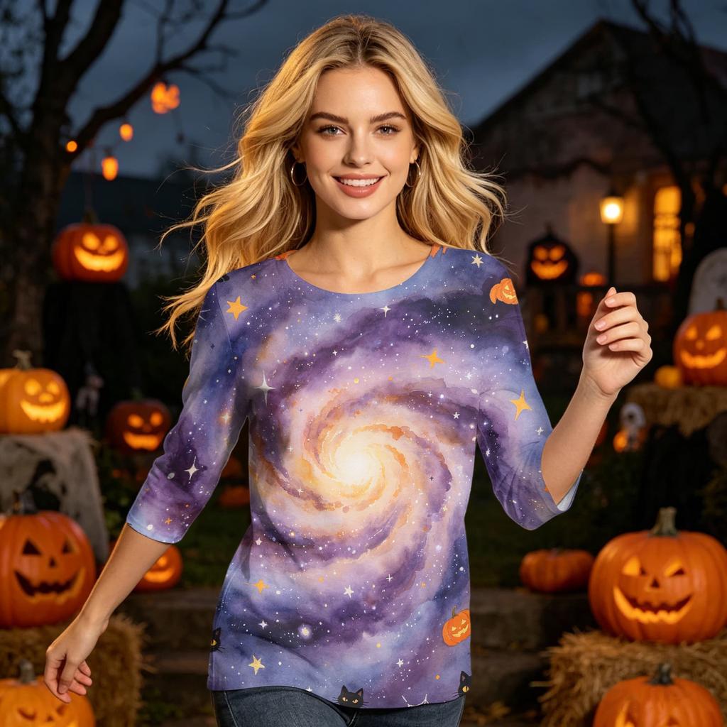 Women's Halloween Print Casual Neck Three-Quarter Sleeve Top for Holiday Party and Daily Wear