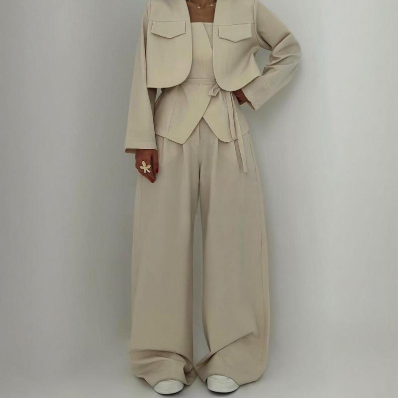 2025 Spring New Cross-border European and American Women's Suit Solid Color Wide-leg Pants Temperament Commuter Fashion Suit