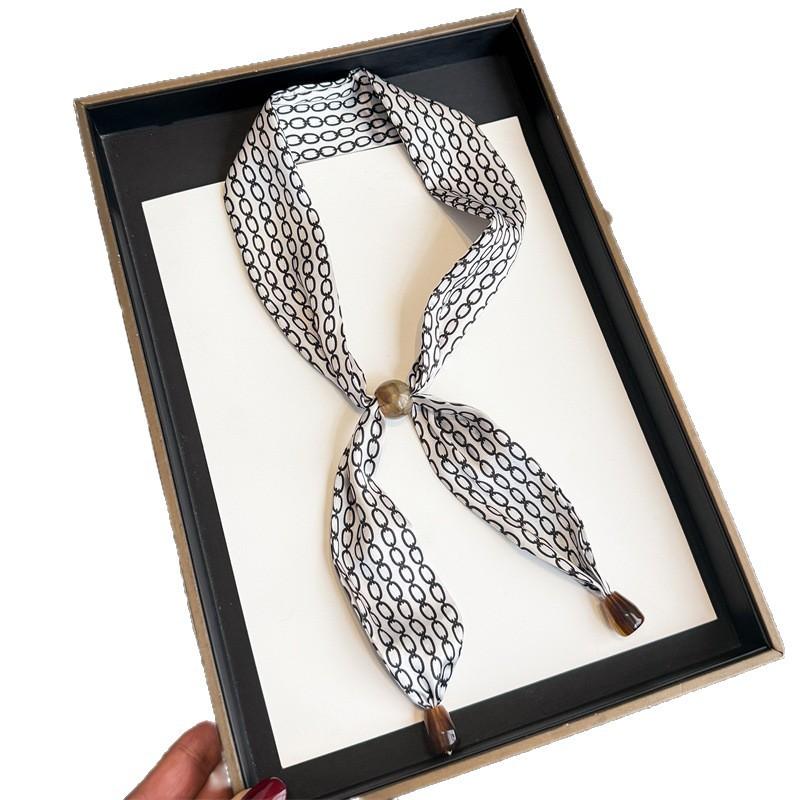 Professional Versatile Simulation Silk Printed Silk Scarf Double-layer Beaded Premium Sense Neck Protection Commuter Strip Decorative Scarf Scarf