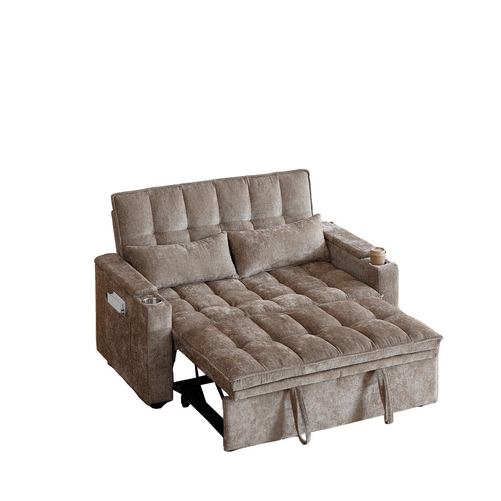 Un canapé-lit 3-en-1 de 142 cm de large avec fonction inclinable, coussins d'assise et de dossier doux comme des nuages, deux coussins lombaires, une étagère et un porte-gobelet