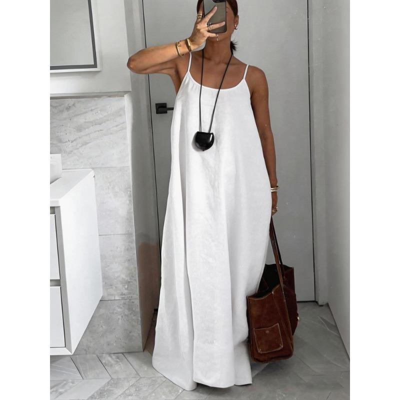 QICED Vestidos Casuales de Verano Primavera Color Sólido Estampado Sin Mangas Cuello en U