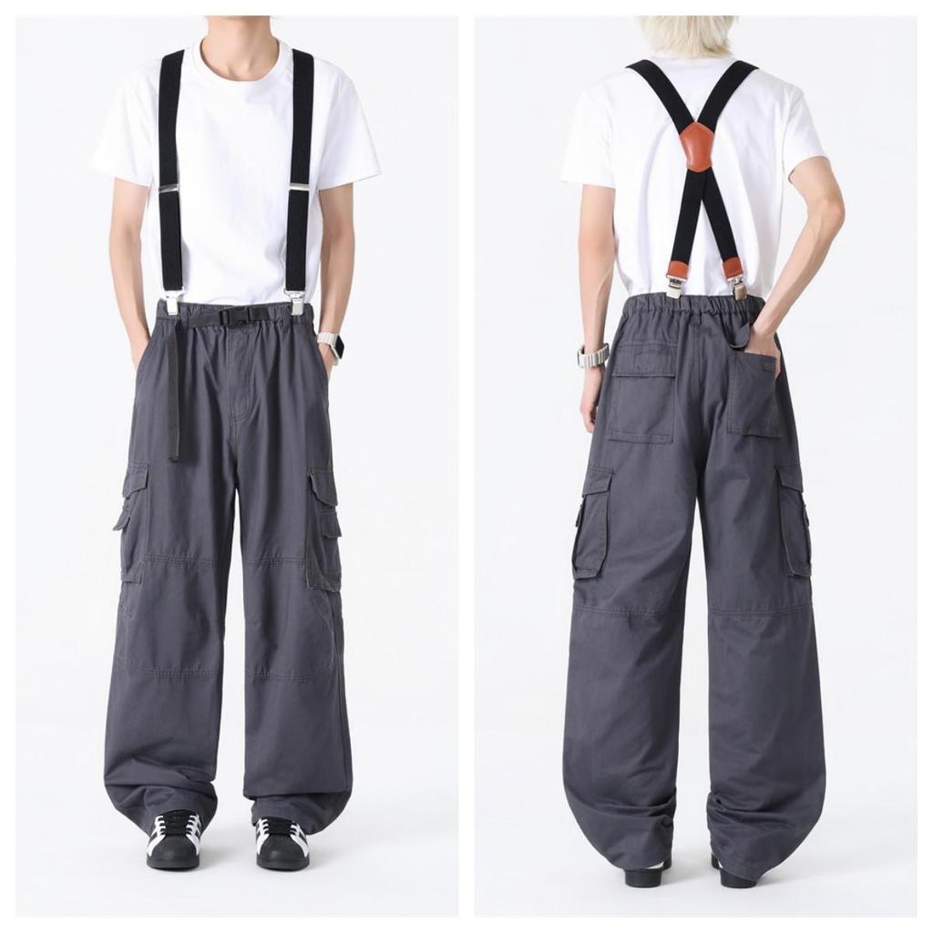 Men's Plus Size Elastic Waist Wide Leg Multi-Pocket Pants for Spring and Autumn