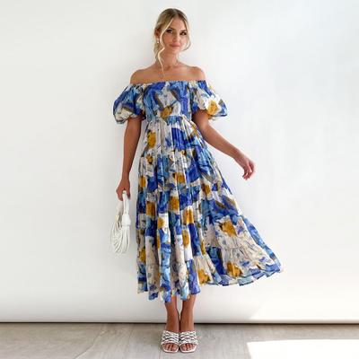 Summer Women's Fashion Print Pleated Short Sleeve Ankel-Length Strapless Dress