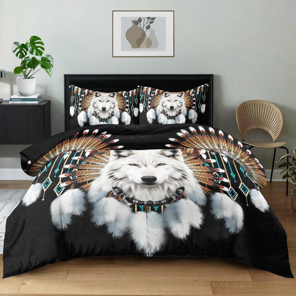 3pcs Soft Comfortable Wolf Duvet Cover Sets King Western Tribe Wolf Bedding Set Animal Print Duvet Cover Sets for Bedroom