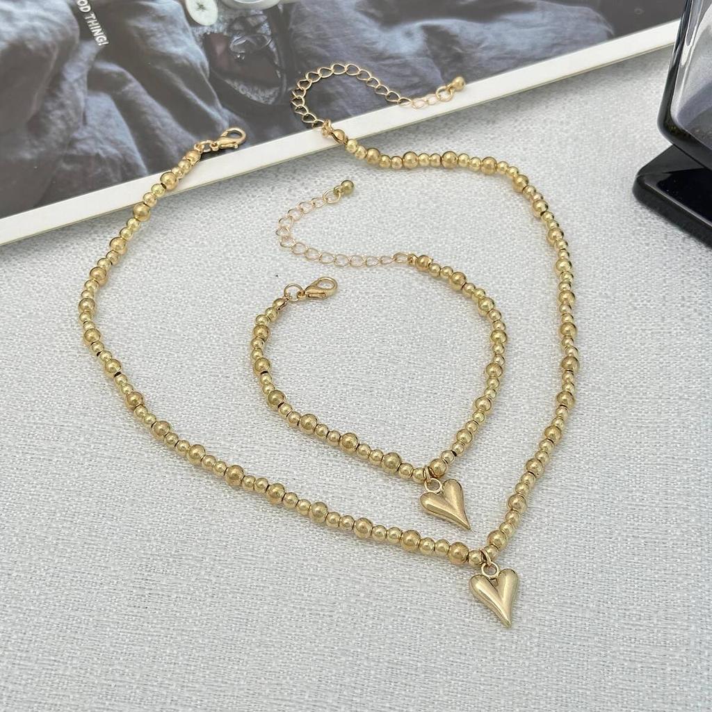 Ingemark 2Pcs/Set Delicate Tiny Heart Pendant Choker Necklace Beads Chain Bracelets for Women Wedding Bridal Party Jewelry Set