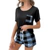 Women's Sleepwear French Two-piece Home Suit With A Short Sleeved Shirt And Checkered Pockets, Checkered Shorts Set
