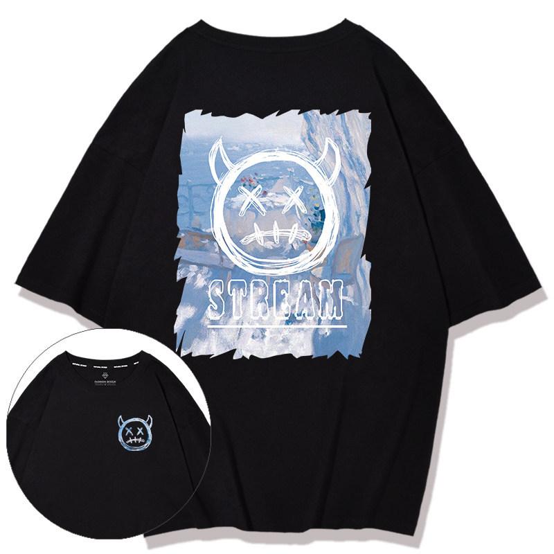 

Футболки в стиле хип-хоп, большие молодежные модные индивидуальные футболки с круглым вырезом и коротким рукавом, повседневный свободный пуловер, летняя рубашка с принтом иконы дьявола M чёрный