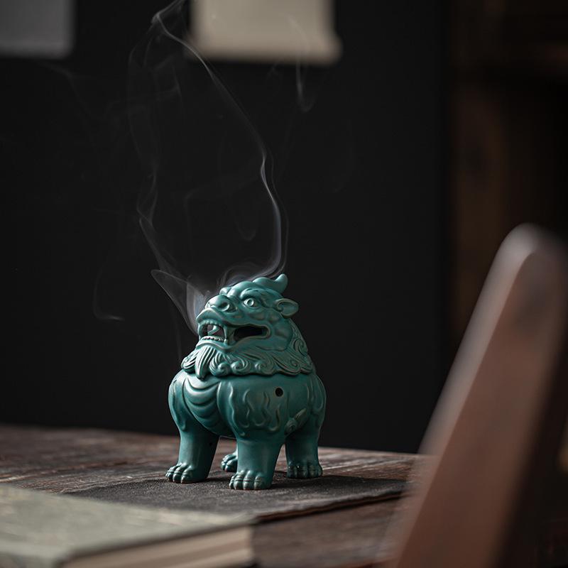 Ceramic Suanni Beast Coil Incense Burner with Lid - Antique Style Ornament for Home