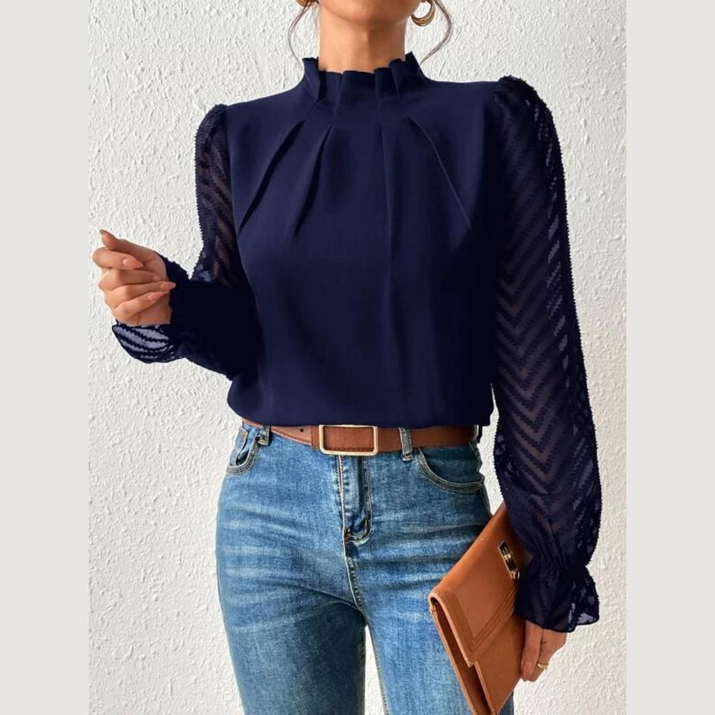 Damen Halbhoher Kragen Stitching Chiffon Spitze Langarm Oberteil