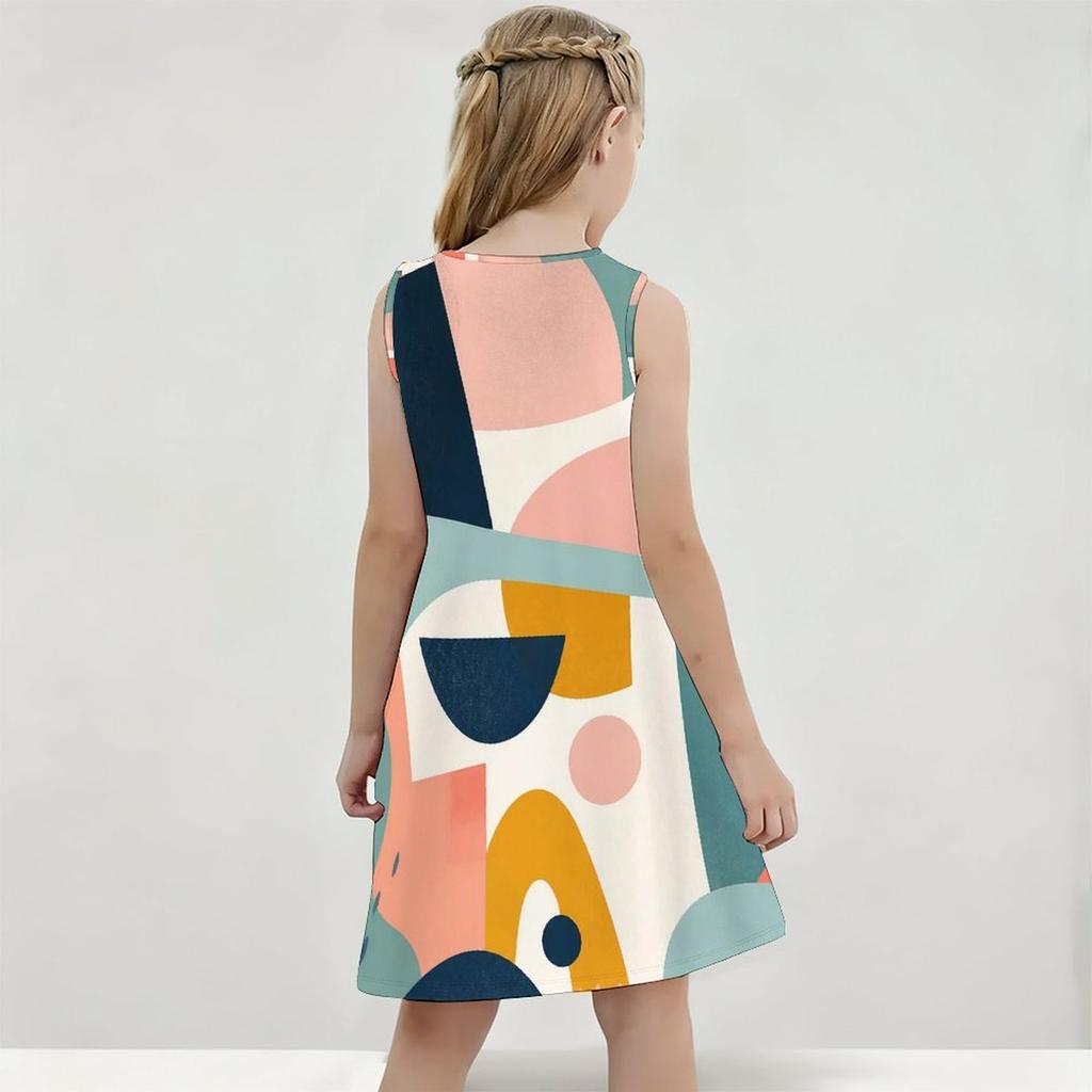 Little Girls Round Neck Sleeveless Geometric Printed A Line Flared Dress