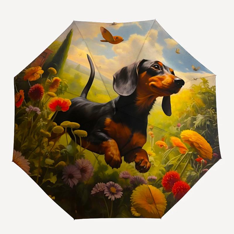 1pc Floral Garden Dachshund Automatic Umbrella - 8-Rib Durable Frame, Portable Fashion Accessory & Holiday Gift yy251117191