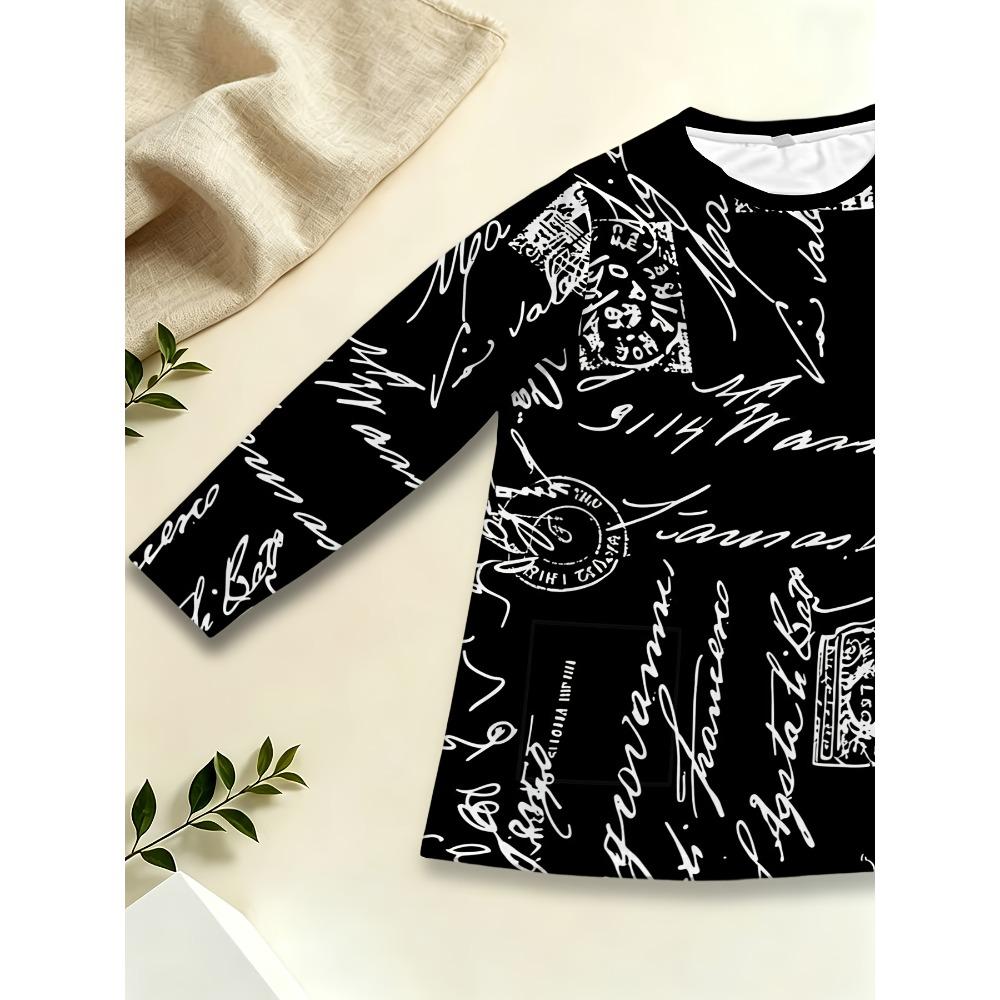 Women's Crew Neck Long Sleeve Top Black Bottom White Handwritten English Letters Postmark Full Printed Pocket Casual Top