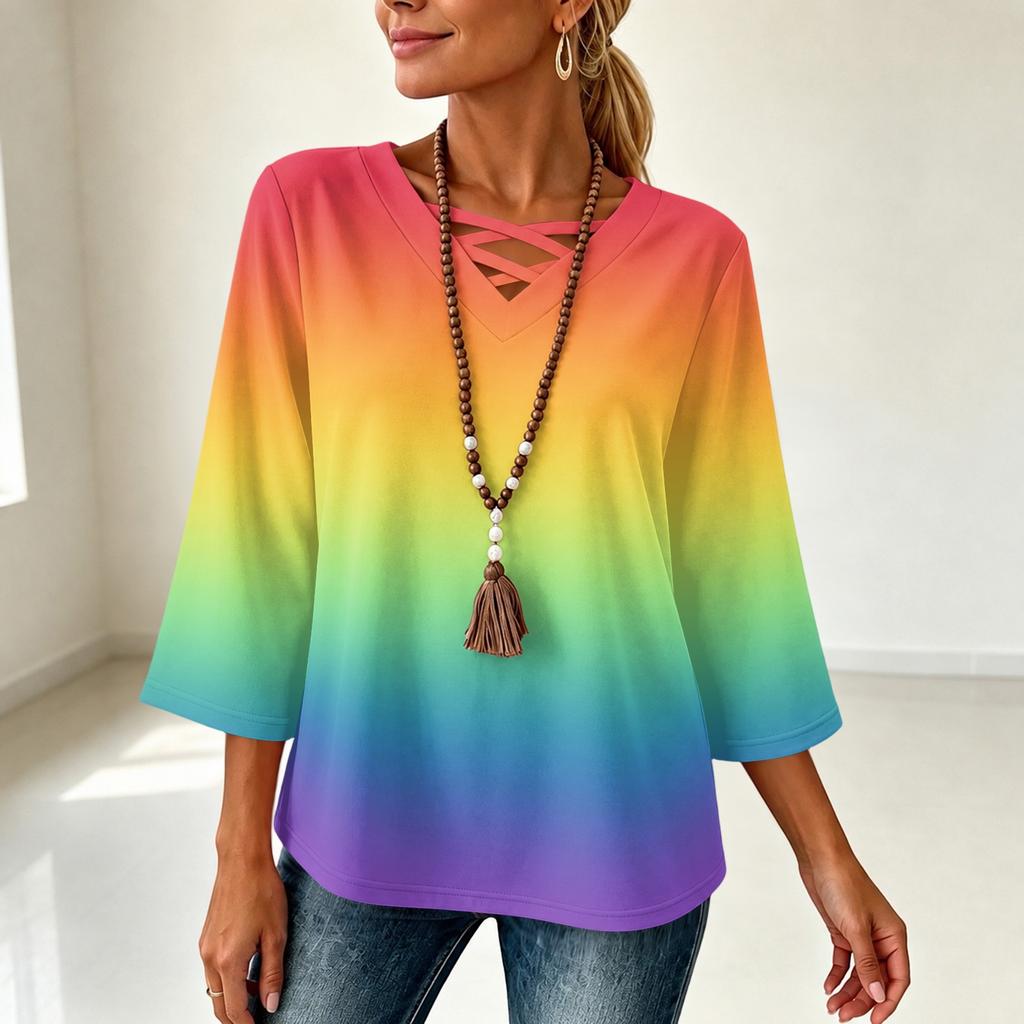 Women's V-Neck Loose Fit Three-Quarter Sleeve Gradient Print T-Shirt Top for Casual Everyday Wear