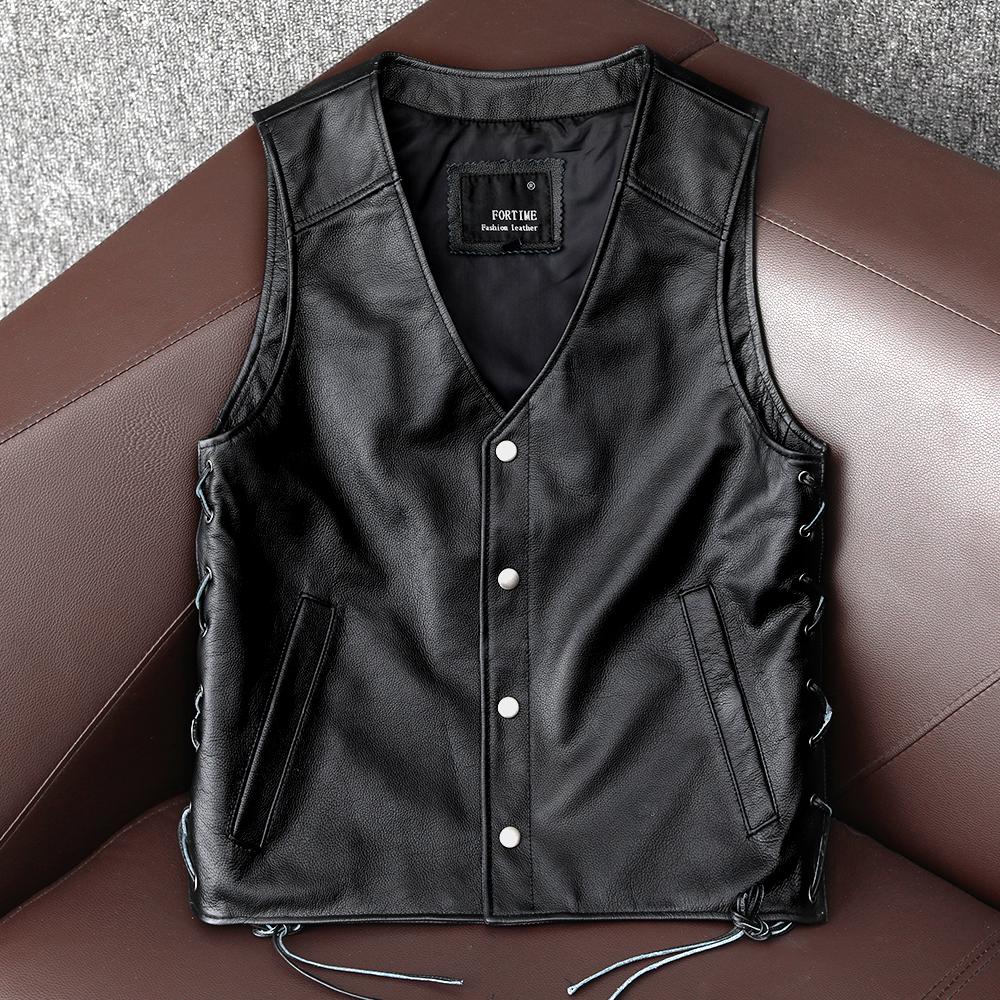 

Мужской байкерский жилет из натуральной кожи с коротким рукавом, со светоотражающей мотоциклетной курткой со спиной в виде черепа S