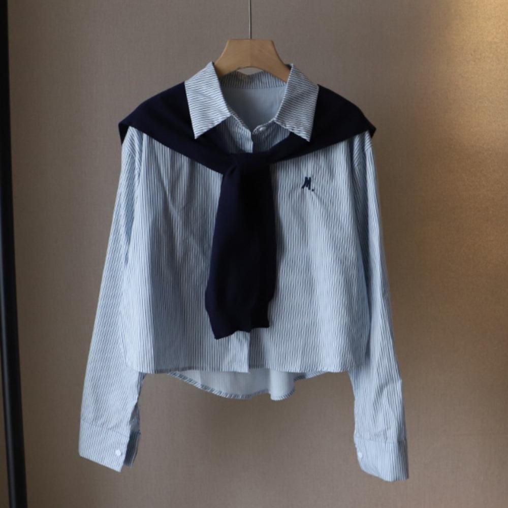 

Preppy Style Striped Shirts Women Y2K Knitted Shawl Blouse Fashion Long Sleeve Shirts Streetwear синий