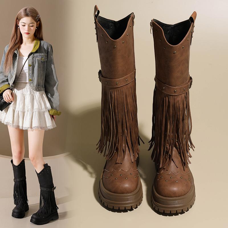 European and American Style Autumn and Winter New Rivet Tassel Belt Buckle Medium Tube Boots Large Size Knight Boots Women's Boots Shoes
