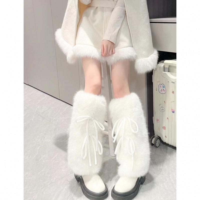 White Fuzzy Bow Tie Leg Warmers Women Cozy Mid-Calf Winter Socks With Soft Faux Fur Trim Breathable Sweat-Absorbent