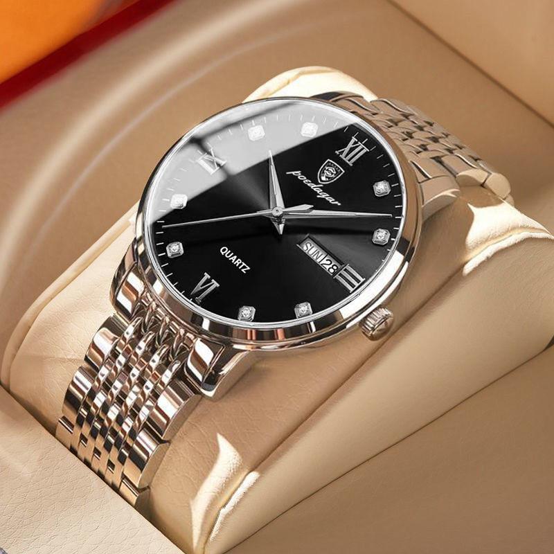 Stylish Swiss Brand Men s Waterproof Luminous Quartz Watch Business Fashion Steel Strap Sliver Black