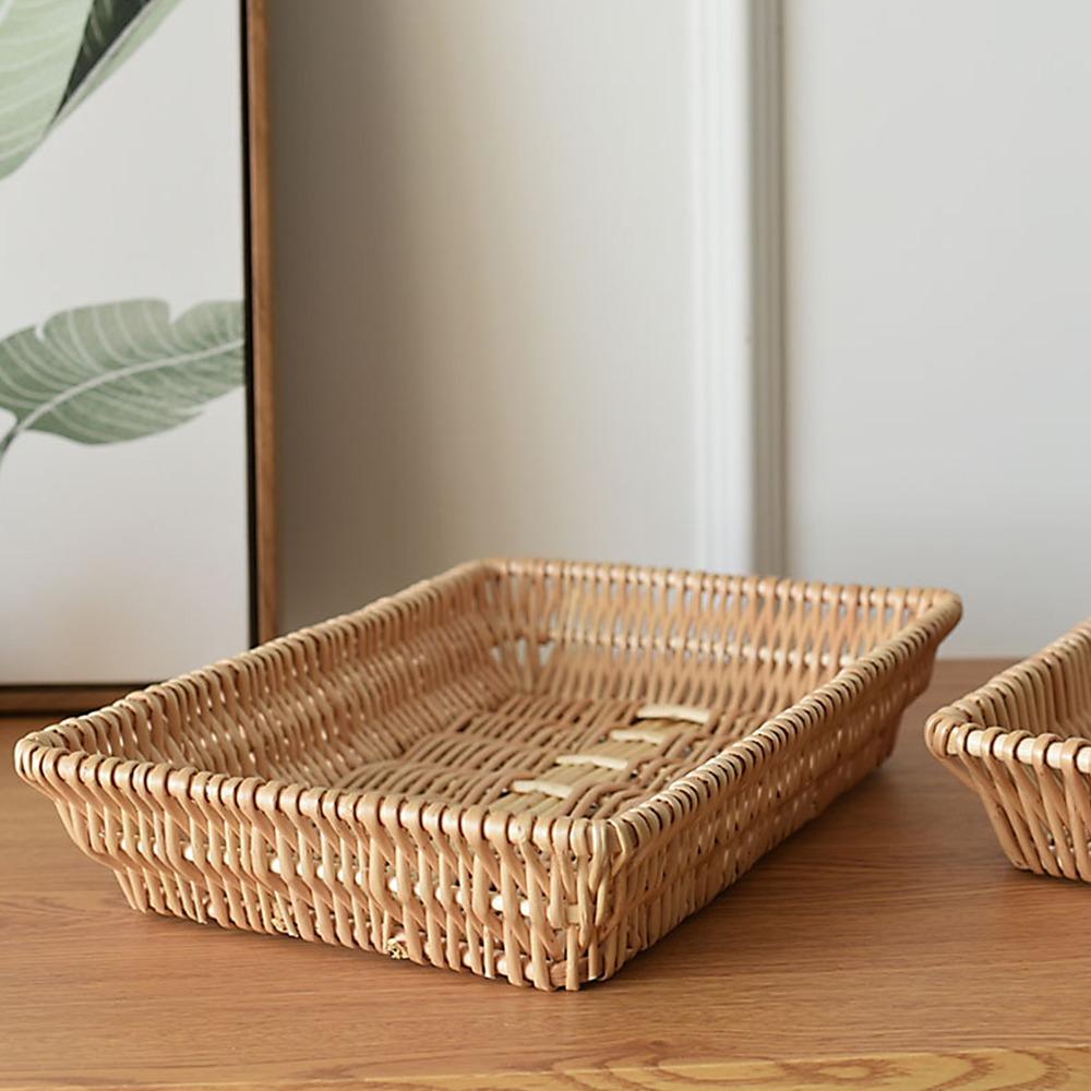 Wood Color Woven Serving Tray Rectangle Multifunctional Storage Basket Home Organization