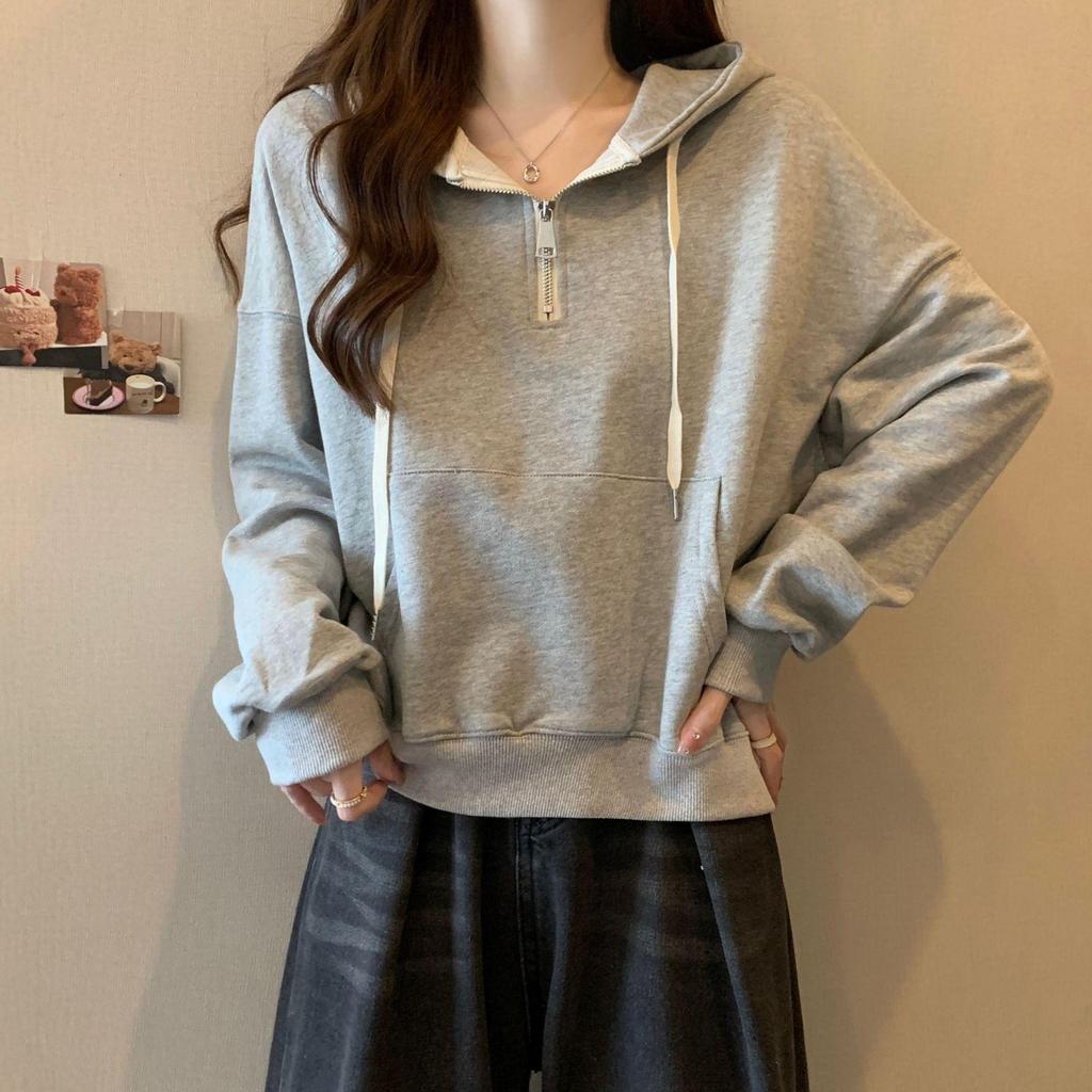 Women's Half-Zip Hooded Sweatshirt - Lightweight, Trendy Loose-Fit Long Sleeve for Spring & Autumn 2023