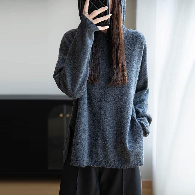 

Women s Wool Hooded Pullover Sweater Coat - Loose Fit, Side Slit, Casual & Versatile Knit for Autumn/Winter Medium