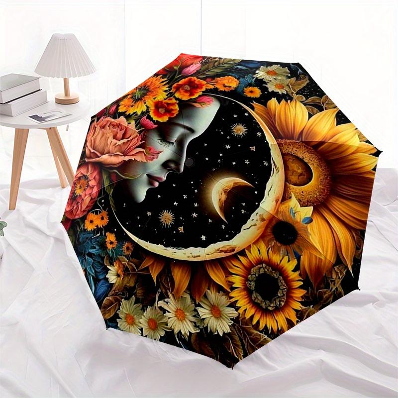 Blumenmondnacht Schirm, Tragbarer 3-fach Schirm für Damen & Herren, Weihnachtsgeschenk ES74