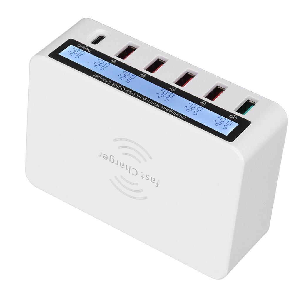 USB Phone Charging Station Block 40W 6 Port QC 3.0 Charging Hub Wireless Charging Base with LCD