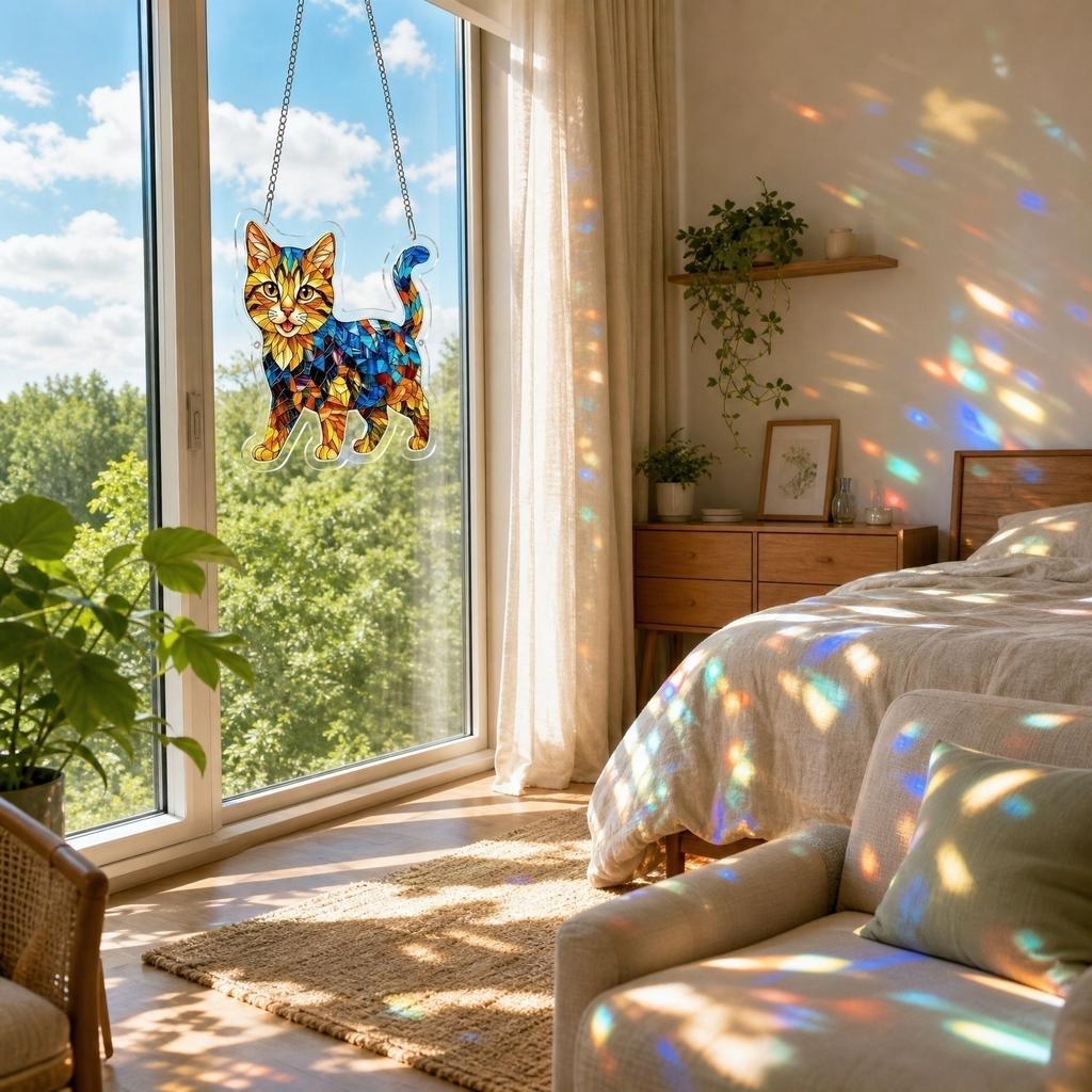 Acrylic Cat Suncatcher Hanging Ornament Stained Glass Style Decorative Window Decoration with Chain for Indoor Use