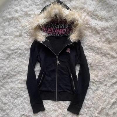 Y2K Schwarzer Pelzkragen Reißverschluss Sweatshirt Hoodie Sexy Damen Sweatshirt Harajuku Goth Buchstaben Grafikdruck Slim Mantel