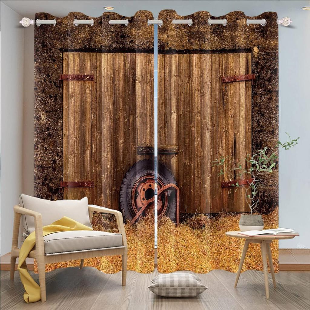 Kitchens Cafes Bedroom Blinds Window for Two Panels Draperies Western Cowboy Farm Decorated Wooden Doors Featuring Pole Pocket Curtains Great