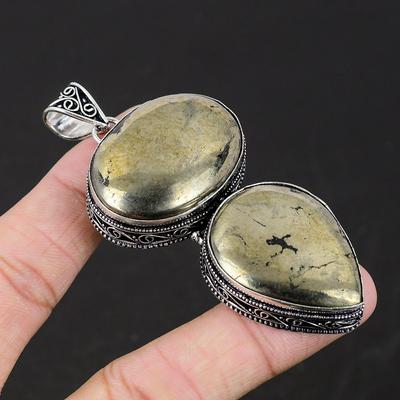Pyrite Gold Gemstone Handmade 925 Sterling Silver Pendant, Double Pyrite Gemstone Pendant, Pendant Pyrite Necklace For Women
