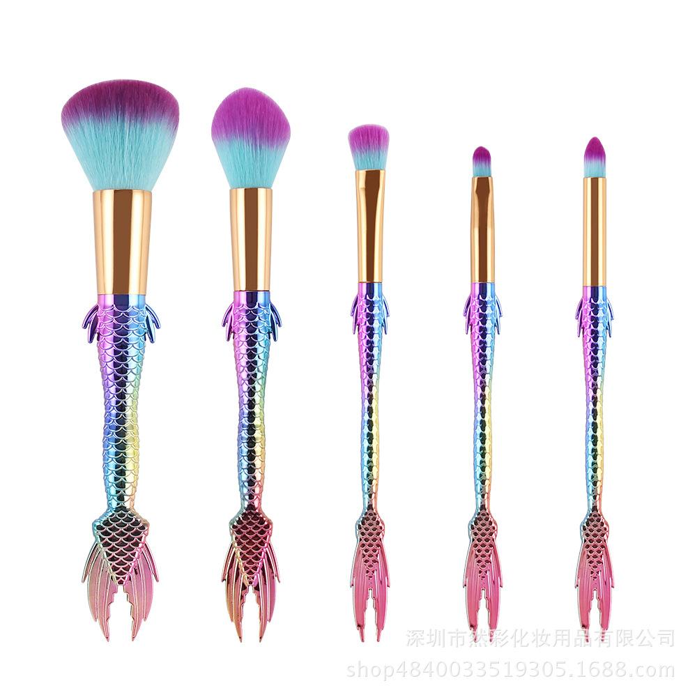 New 5 Gradual Change Color Mermaid Makeup Brush Fish Tail Makeup Brush Set Brush, Beauty Tool Set