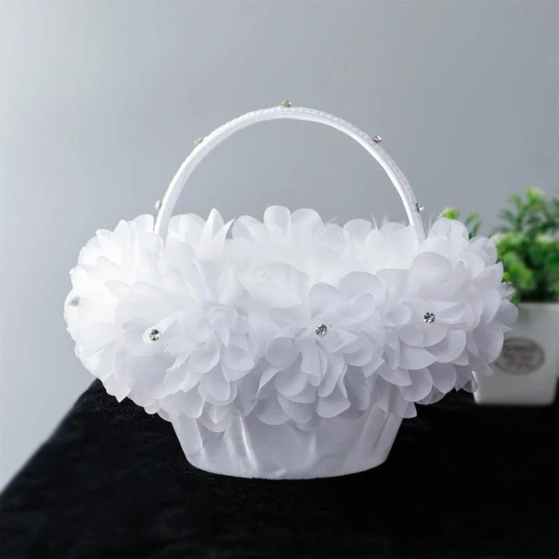 Flower Girl Basket White Small Cloth Baskets with Faux Lace Flowers Decor for Wedding Ceremony Party Desktop Decor