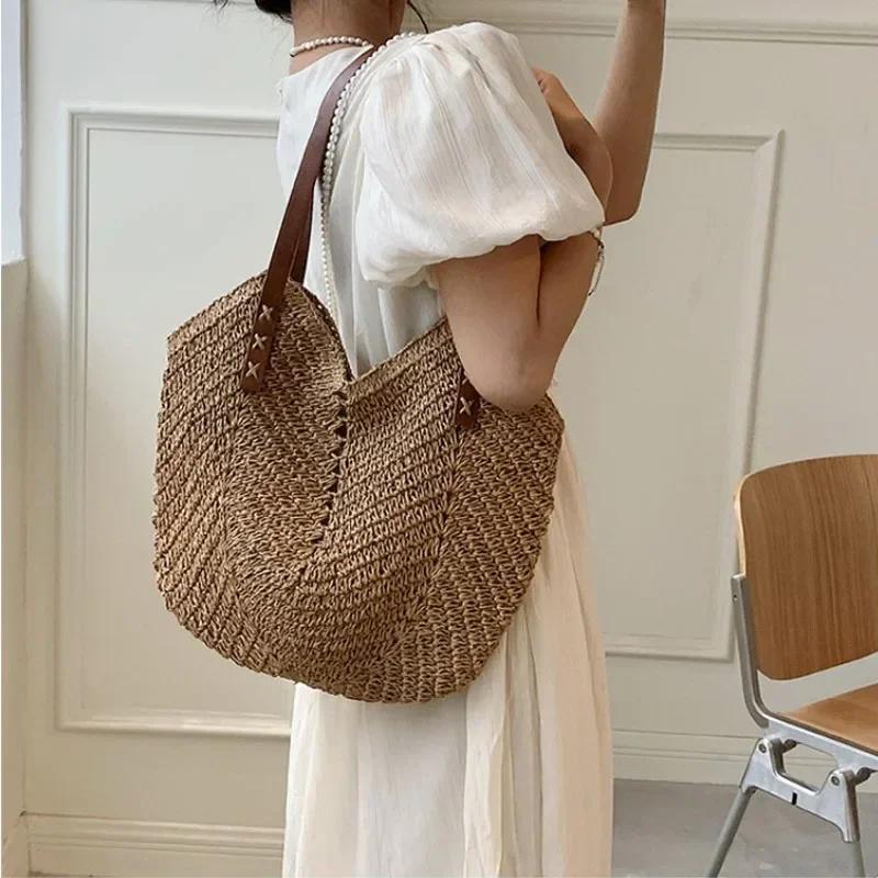 Summer Straw Bags for Women Straw Shoulder Bags Rattan Woven Top Handle Bag Hollow Raffia Crochet Beach Bag Casual Handbags