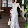 2026 French small flying sleeves floral chiffon dress women's summer gentle vacation temperament waist a-word skirt long dress