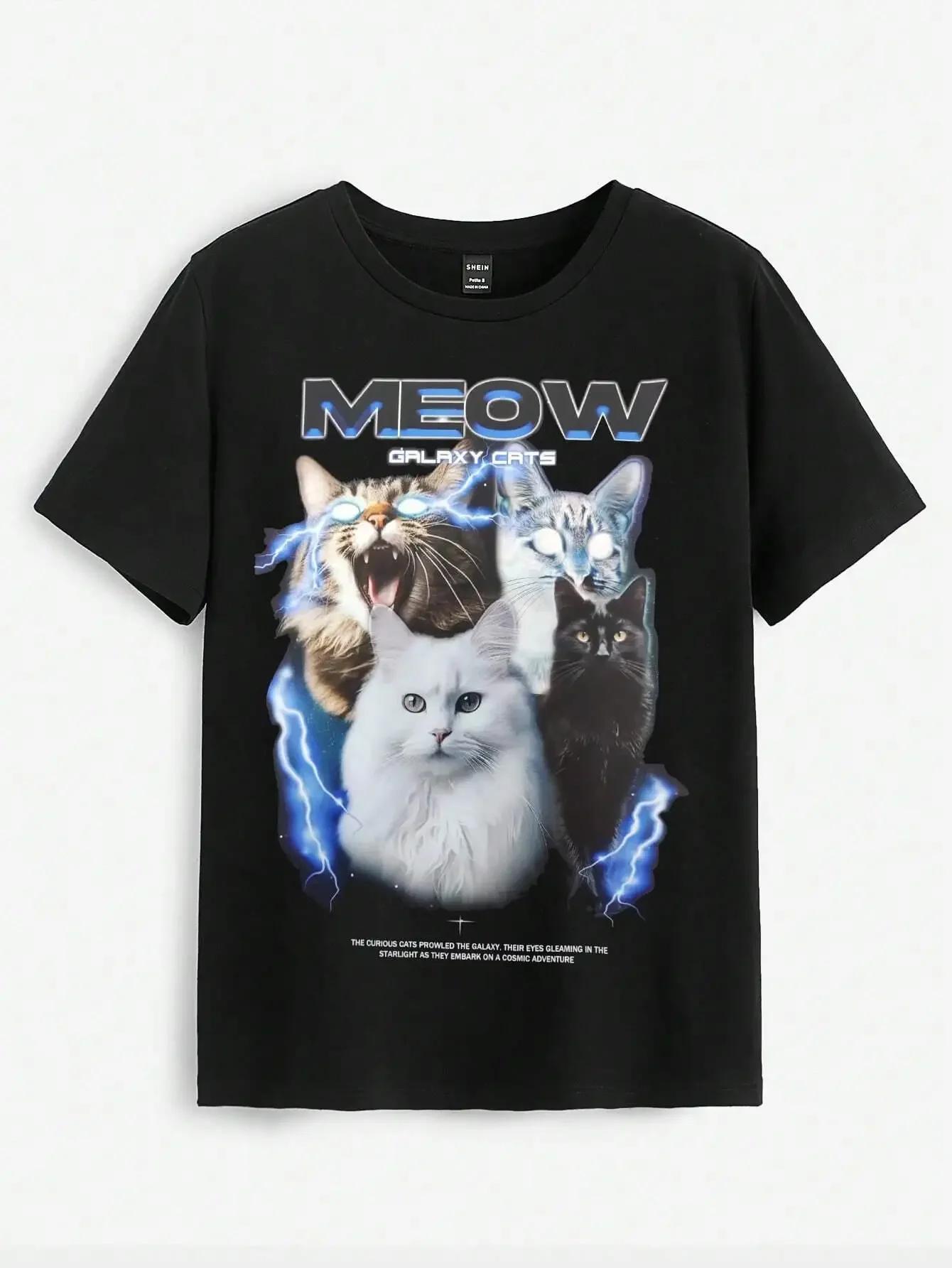 

Cats T Shirt Thunder Lightning Glowing Eyes Cat Graphic Short Sleeve Casual Top Cosmic Cat Lover Gift for Women Unisex Street Style 4XL